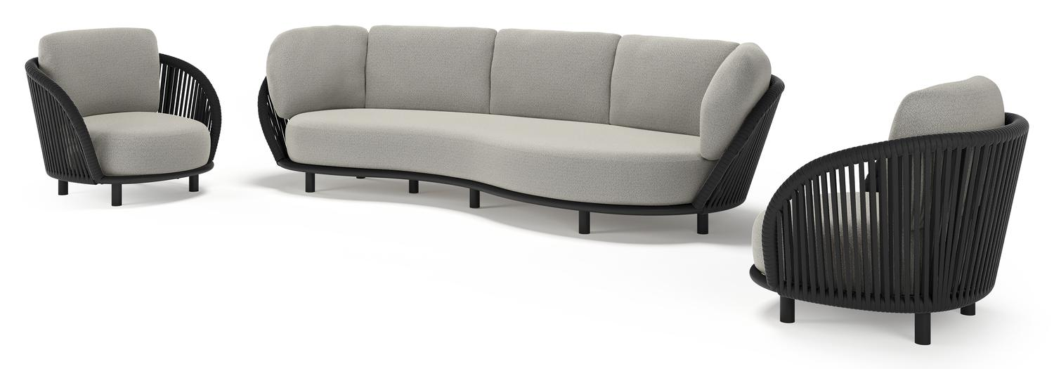 Lupino loungeset in zwart aluminium en zwart verticaal geweven luxe vlakke brede rope met savane tunder all weather sunbrella® luxe kussen