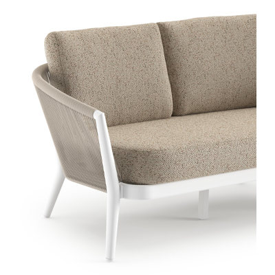 Canapé de jardin Orso en aluminium blanc en corde ronde tissée verticalement beige et coussins en all weather cosytica Bora Jungle