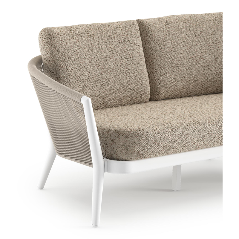 Orso loungebank in wit aluminium en beige verticaal geweven ronde rope met Bora Jungle all weather cosytica kussen