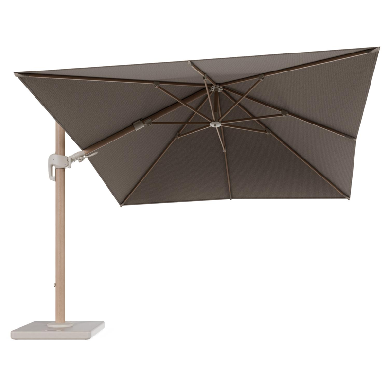 Rufina zweefparasol tiltfunctie in houtlook aluminium en parasoldoek in All Weather Solica Firenze Earth - L1 300 x L2 300 cm met parasolvoet Lapido 120 kg