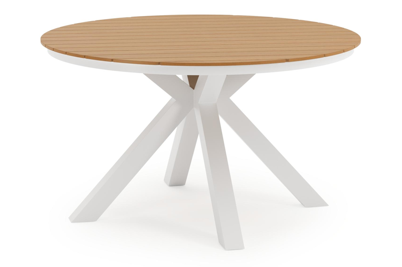 Tora tuinset rond in wit aluminium en polywood met 6 Bahia tuinstoelen