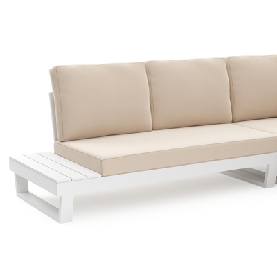 Modica loungehoek in wit aluminium met natte linen chalk all weather sunbrella® premium kussens en loungetafel