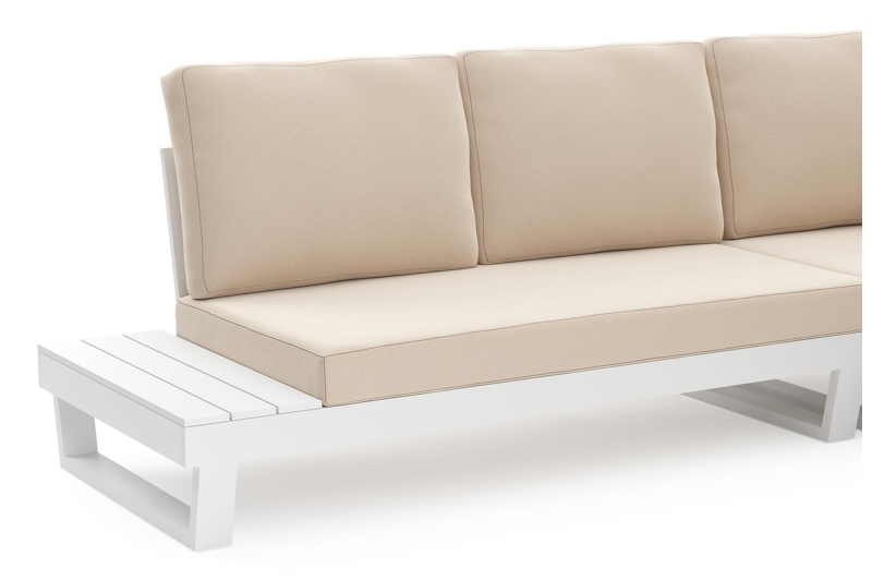 Modica loungehoek in wit aluminium met natte linen chalk all weather sunbrella® premium kussens en loungetafel