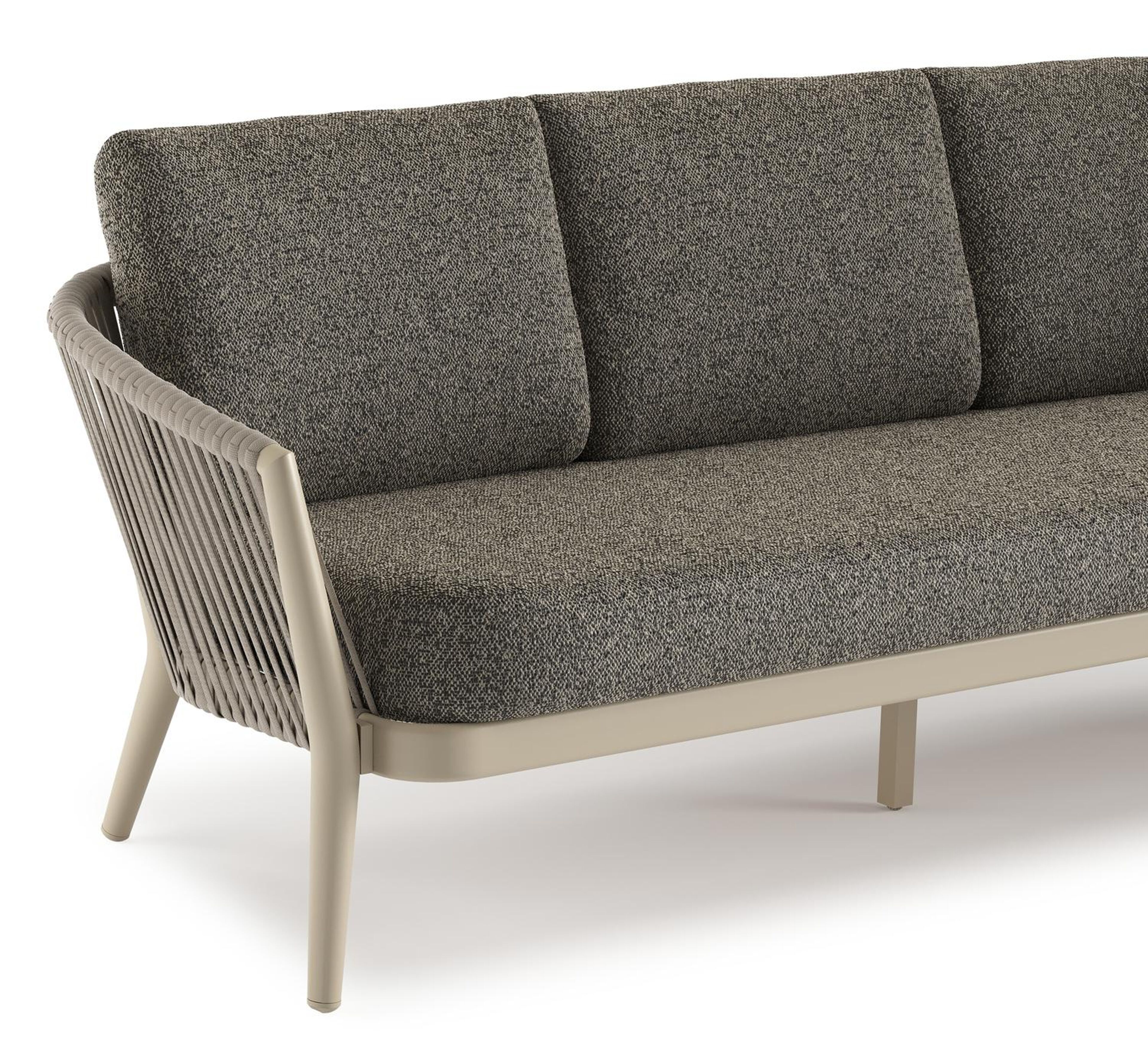 Orso loungebank in beige aluminium en beige verticaal geweven luxe vlakke rope met Marbella Tunder all weather cosytica kussen