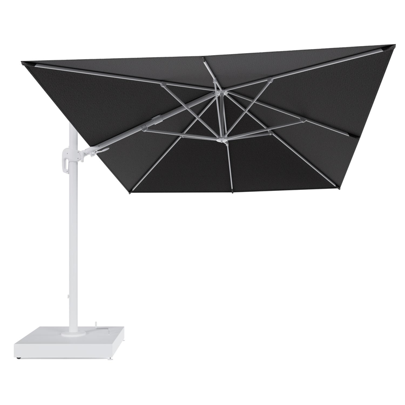 Rufina zweefparasol met tiltfunctie in wit aluminium en Firenze Tunder All Weather Solica parasoldoek - L1 400 x L2 300 cm met parasolvoet Minore 260 kg met wielen