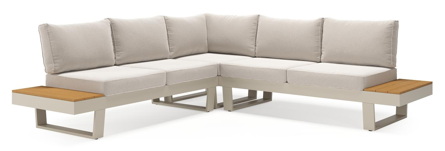 Salon de jardin d'angle Alora en aluminium beige et polywood et coussins en weather+ softtouch beige