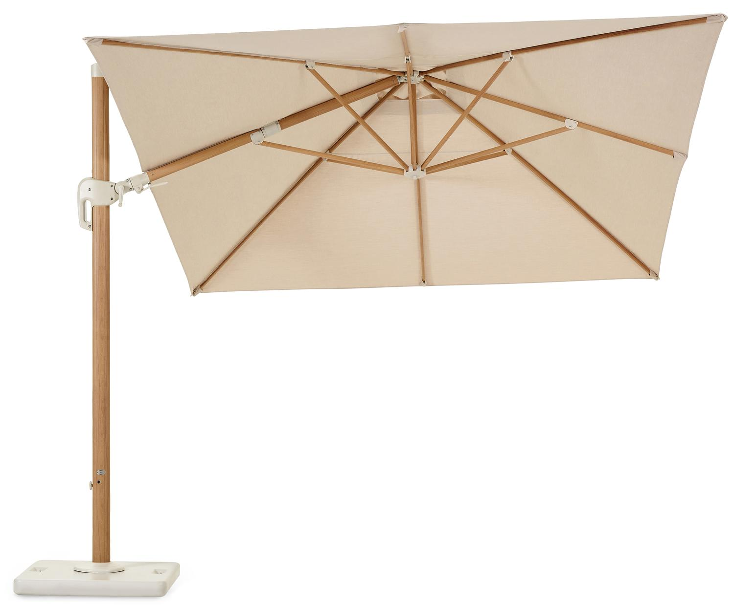 Rufina zweefparasol met tiltfunctie in houtlook met beige all weather sunbrella® premium parasoldoek - L1 300 x L2 400 cm (met voet)