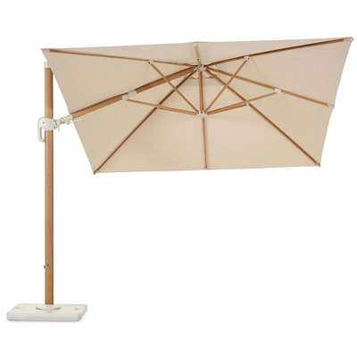 Rufina zweefparasol met tiltfunctie in houtlook met beige all weather sunbrella® premium parasoldoek - L1 300 x L2 400 cm (met voet)