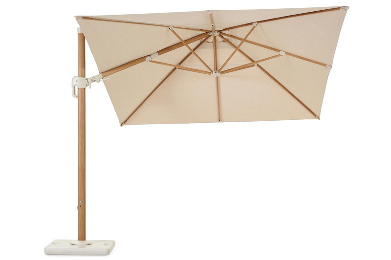 Parasol pendant Rufina avec fonction tilt en aspect de bois avec toile de parasol en all weather sunbrella® premium beige - Lg.1 300 x Lg.2 300 cm (avec pied de parasol)
