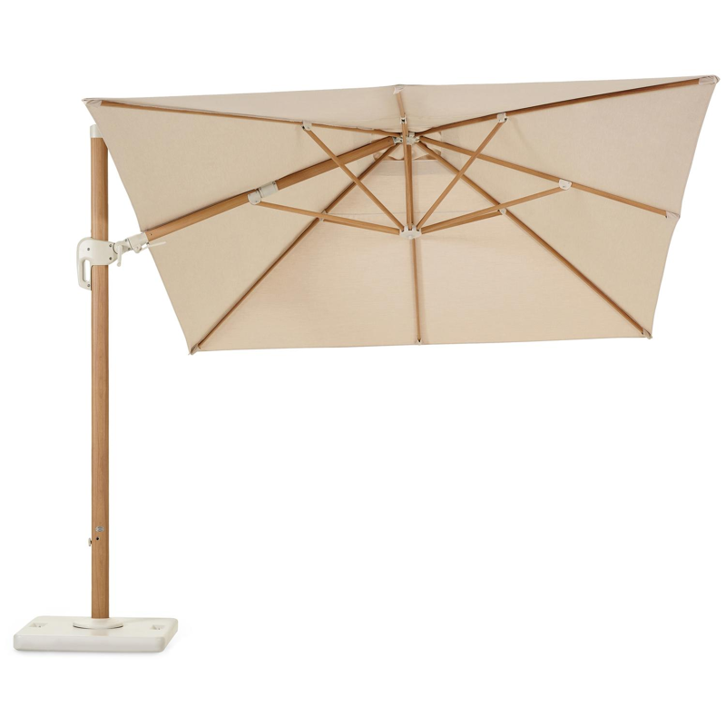 Rufina zweefparasol met tiltfunctie in houtlook met beige all weather sunbrella® premium parasoldoek - L1 300 x L2 400 cm (met voet)