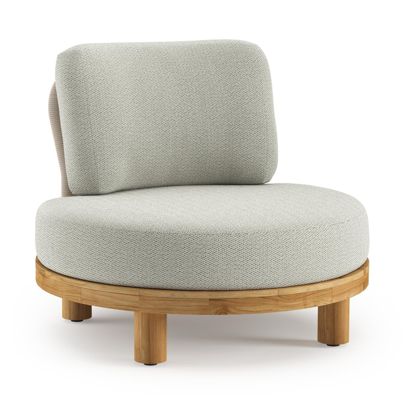 Donato loungestoel in teak en beige verticaal geweven ronde rope met all weather sunbrella® luxe Lopi Bud kussen