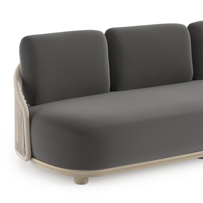 Canapé de jardin Vadelo en aluminium beige et corde ronde tissée verticalement beige et coussins en all weather sunbrella® luxe natte charcoal chine