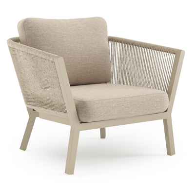 Cordoba loungestoel in beige aluminium en beige verticaal geweven ronde rope met rustic weather+ softtouch kussen