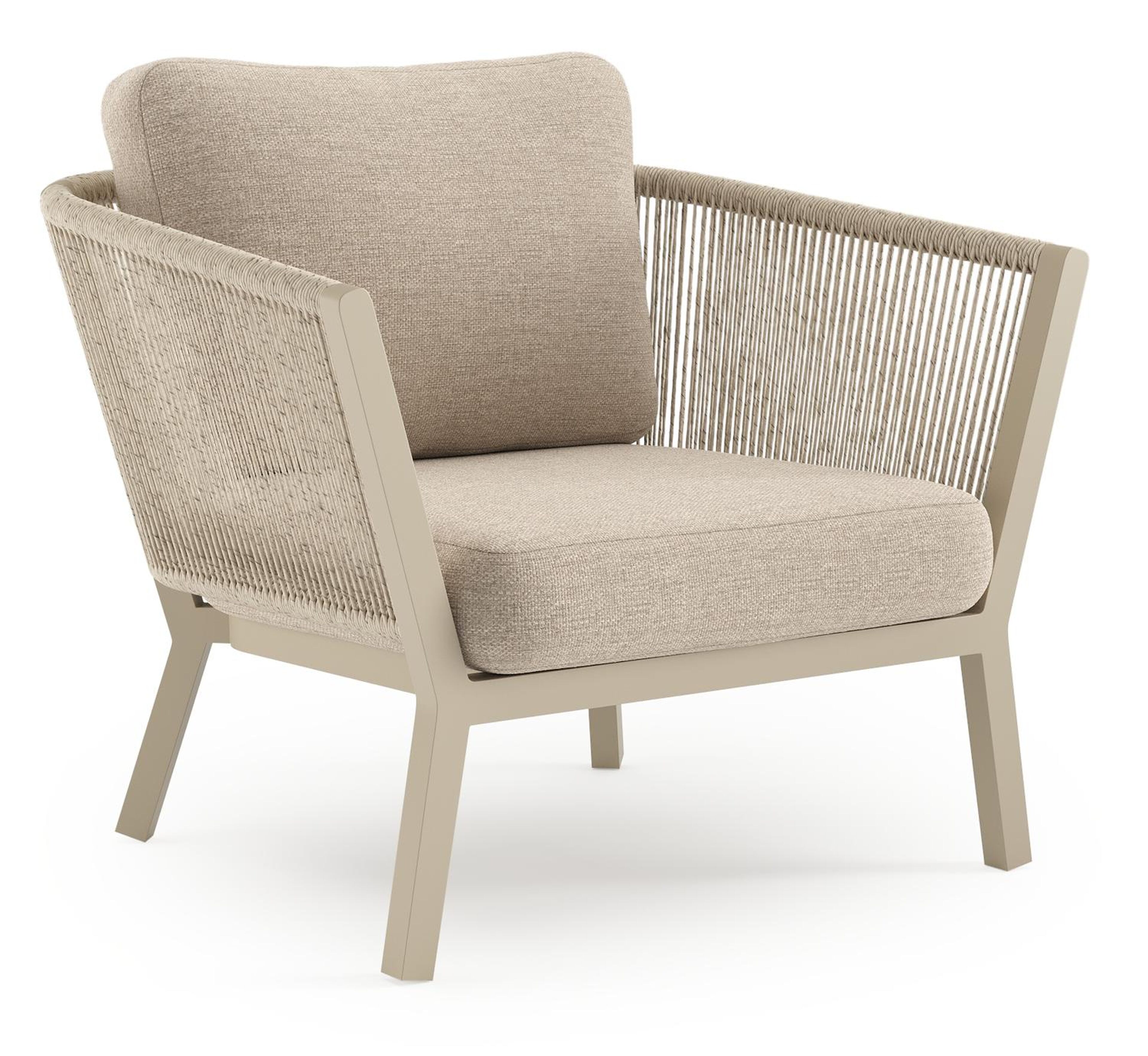 Cordoba loungestoel in beige aluminium en beige verticaal geweven ronde rope met rustic weather+ softtouch kussen