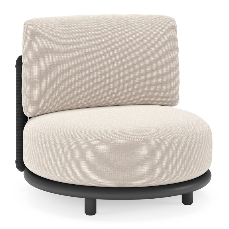 Fauteuil de jardin Lomano en aluminium noir et corde luxe plate tissée verticalement beige et coussins en all weather sunbrella® luxe slow farafra