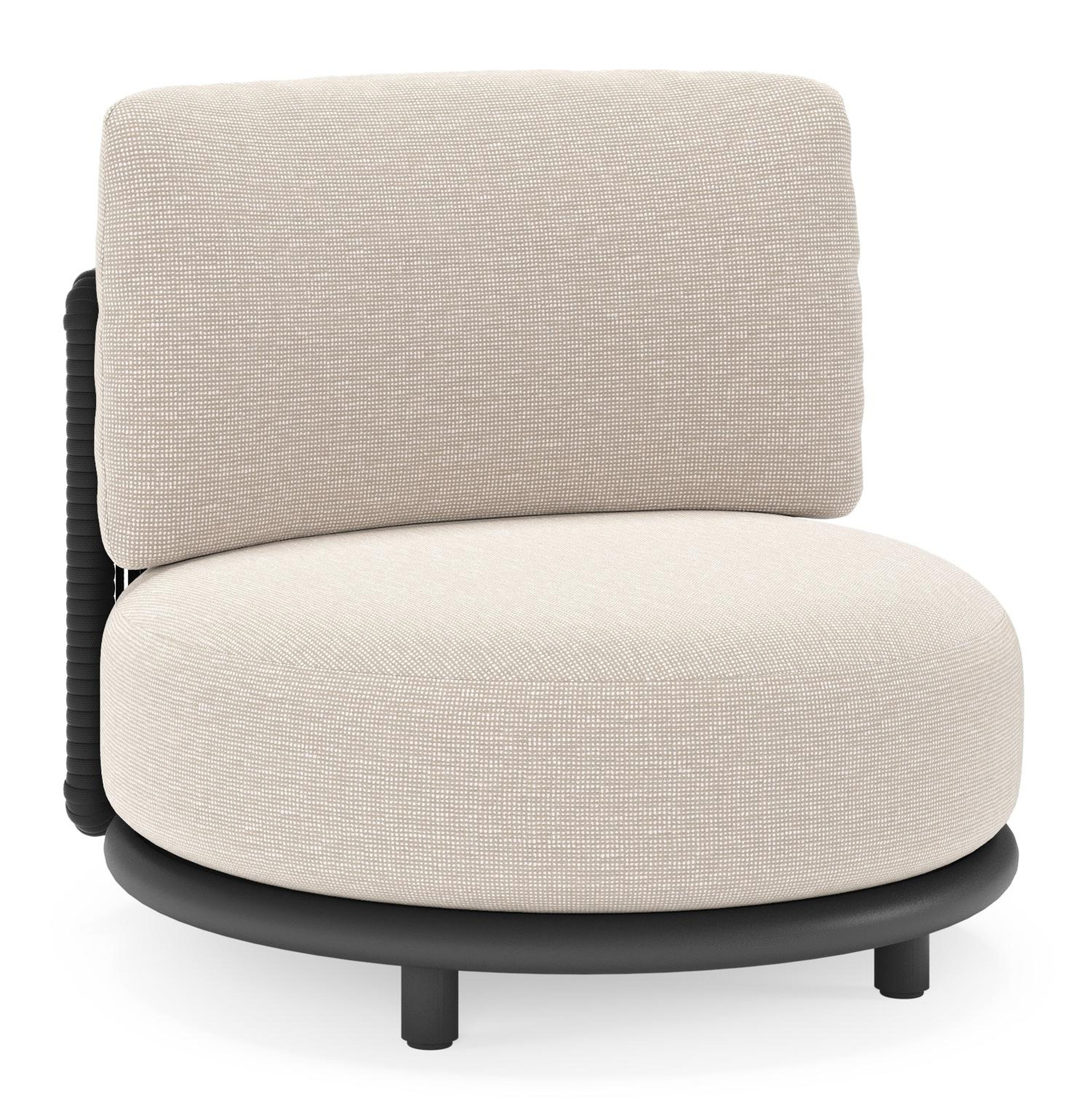 Fauteuil de jardin Lomano en aluminium noir et corde luxe plate tissée verticalement beige et coussins en all weather sunbrella® luxe slow farafra