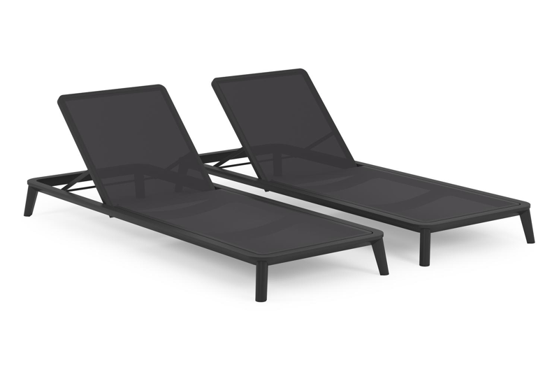 Set van 2 verstelbare Mosa ligbedden in zwart aluminium en zwart single textilene met kussens