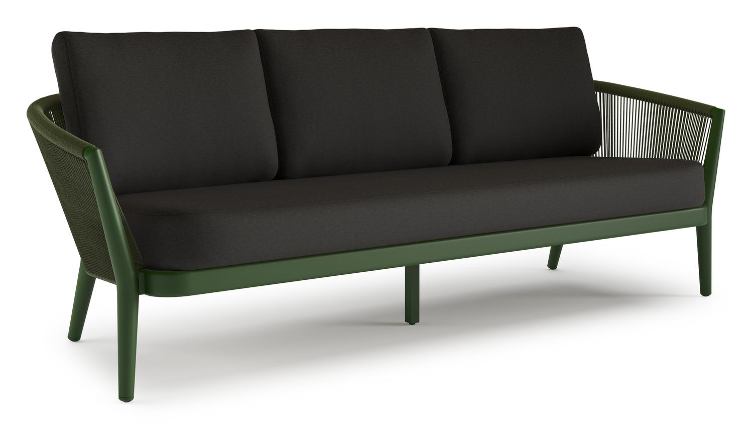 Orso loungebank in groen aluminium en groen verticaal geweven ronde rope met Heritage Char all weather sunbrella® luxe kussen