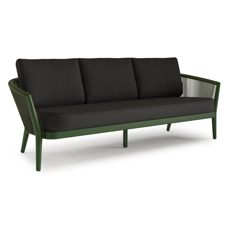 Canapé de jardin Orso en aluminium vert en corde ronde tissée verticalement vert et coussins en all weather sunbrella® luxe Heritage char