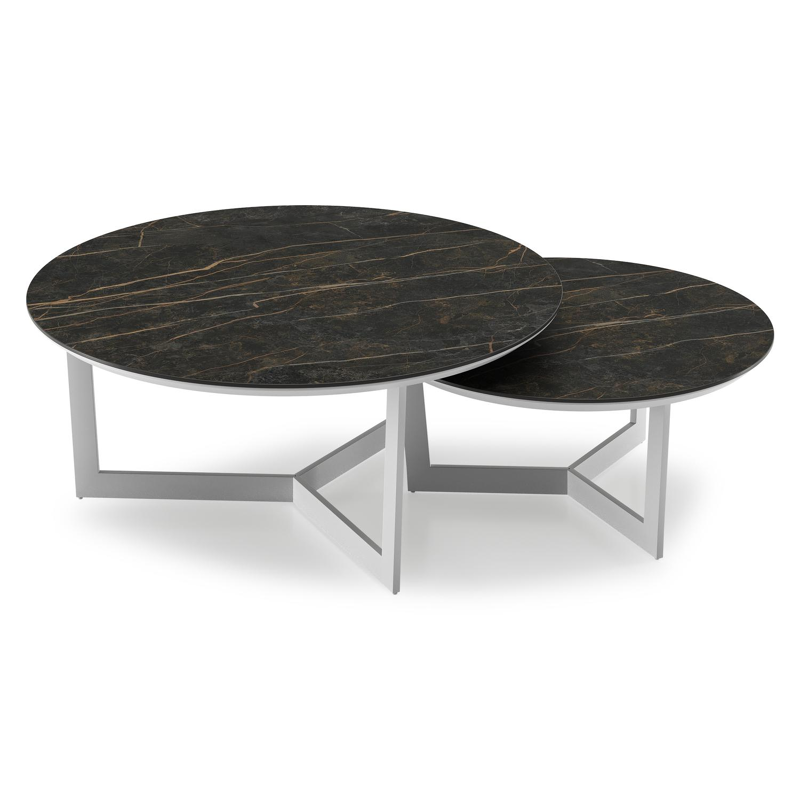 Lacrima set van 2 loungetafels rond in wit aluminium en volkeramiek Black Obsession - Dia. 85/65 x H 35/30 cm