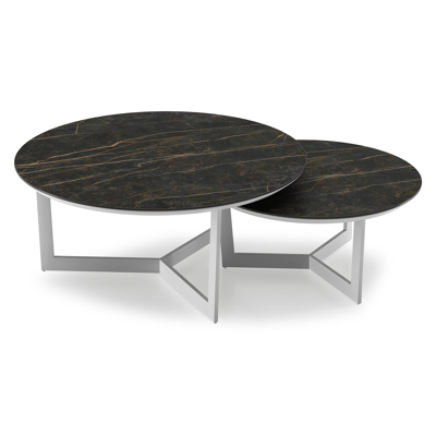 Lacrima set van 2 loungetafels rond in wit aluminium en volkeramiek Black Obsession - Dia. 85/65 x H 35/30 cm