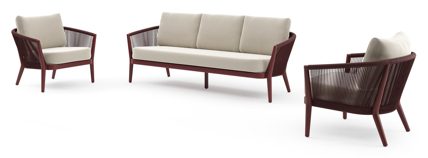 Orso loungeset in ruby aluminium en ruby verticaal geweven ronde rope met Lopi Marble all weather sunbrella® luxe kussen