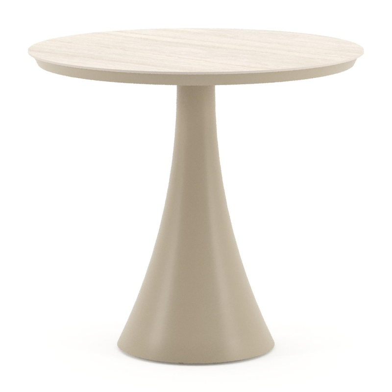 Table de jardin Fano ronde en aluminium beige et céramique pleine Travertino Bianco - Diam. 85 x Haut. 74 cm
