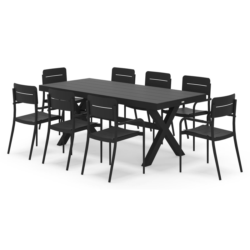 Bahia ensemble de jardin rectangulaire en aluminium noir avec 8 Salto chaises de jardin