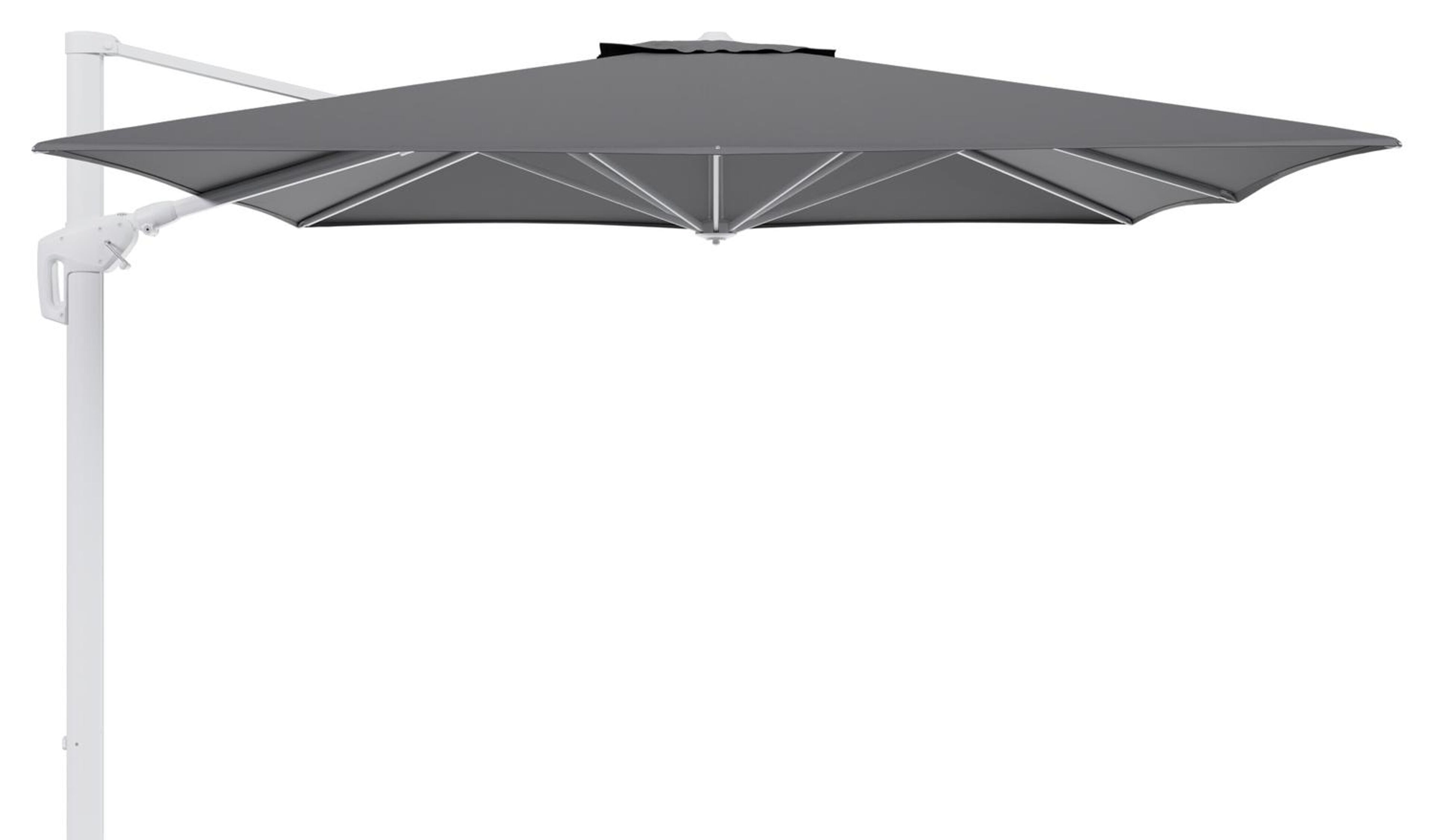 Parasol pendant Minore avec fonction tilt en aluminium blanc avec toile de parasol en all weather sunbrella® luxe natte charcoal chine - Larg1 350 x Larg2 350 cm (sans pied de parasol)