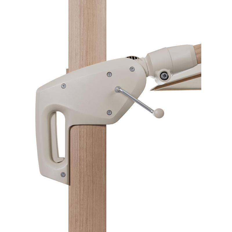 Parasol pendant Minore avec fonction tilt avec fonction tilt en aluminium aspect bois et toile de parasol beige All Weather Sunbrella Premium – Lg.1 400 x Lg.2 300 cm (sans pied