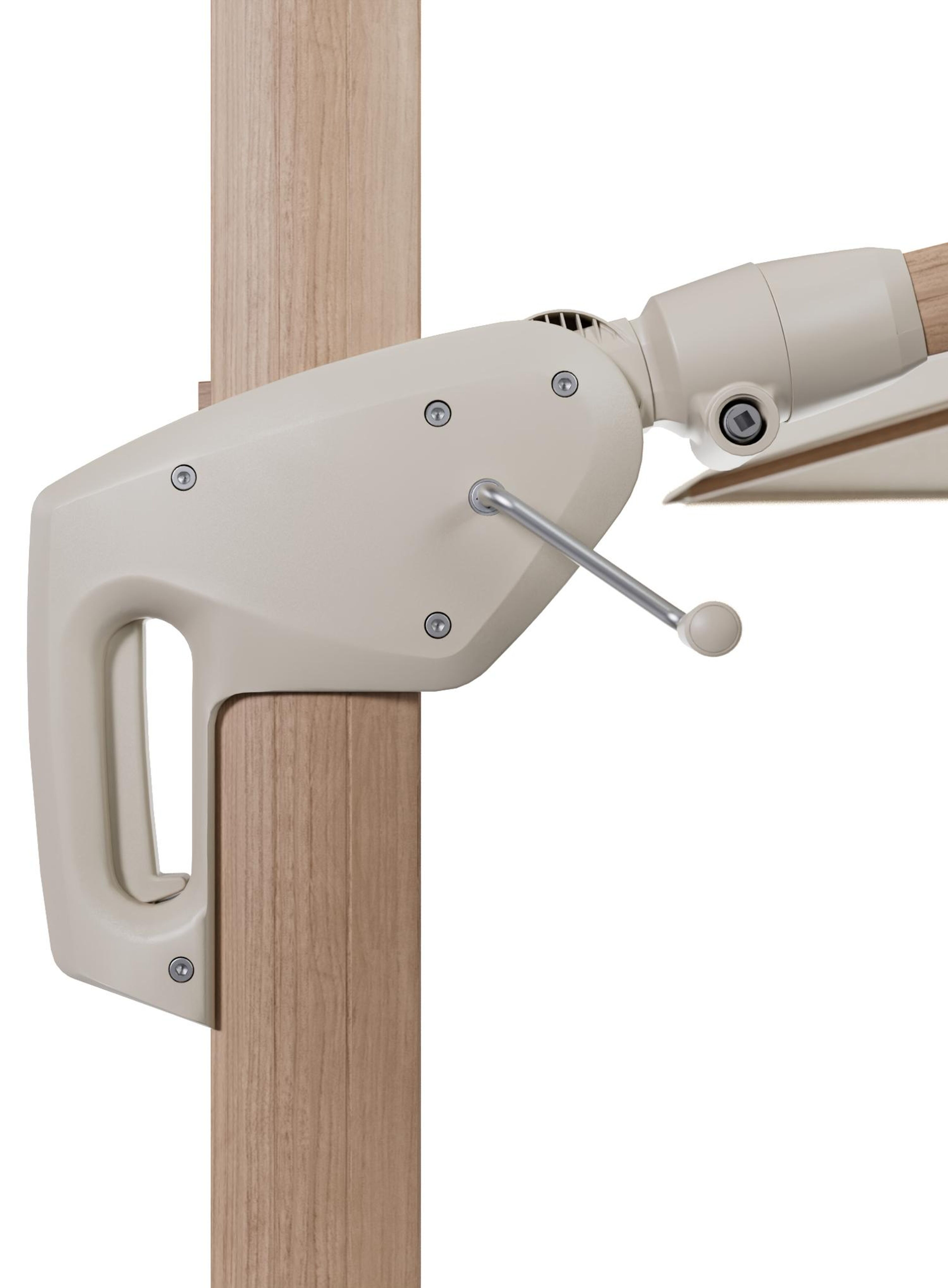 Minore zweefparasol met tiltfunctie in houtlook aluminium en All Weather Sunbrella Premium beige parasoldoek - L1 400 x L2 300 cm (zonder voet)