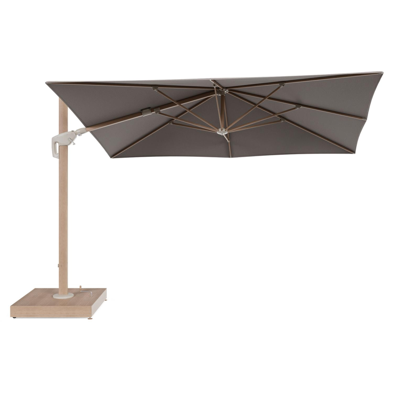 Minore zweefparasol met tiltfunctie in houtlook aluminium en Lopi Pepper All Weather Sunbrella® Luxe parasoldoek - L1 280 x L2 370 cm met parasolvoet Minore 260 kg met wielen