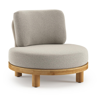 Donato loungestoel in teak en beige verticaal geweven ronde rope met all weather solica Firenze Sand kussen