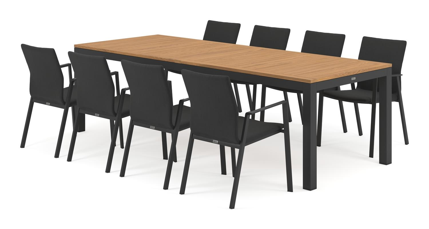 Varese tuinset in zwart aluminium en naturel teak tafelblad met 8 stapelbare Madura tuinstoelen