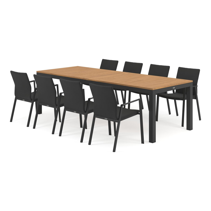 Varese tuinset in zwart aluminium en naturel teak tafelblad met 8 stapelbare Madura tuinstoelen