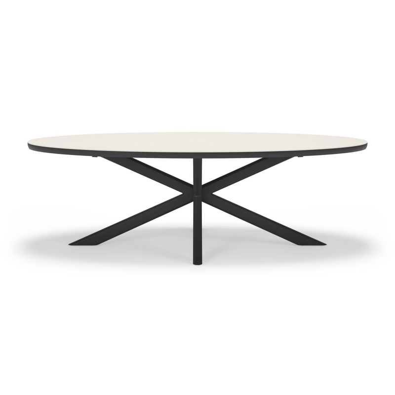 Pamplona tuinset in zwart aluminium en crema minerale sintered stone met 6 Gerona tuinstoelen