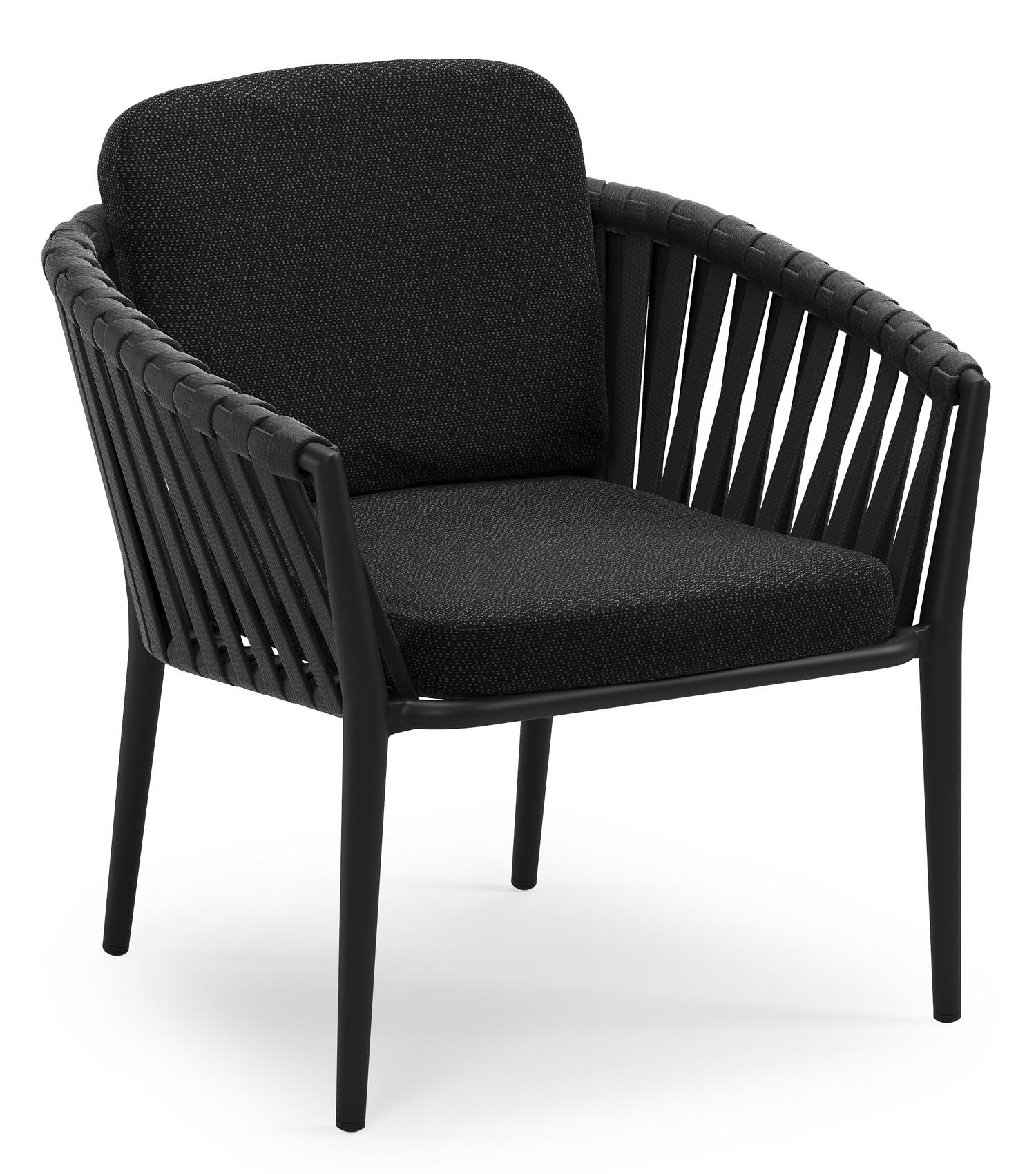 Chaise de jardin low dining Orso en aluminium noir et corde large plate de luxe tissée verticalement noir avec coussin en All Weather Sunbrella® Luxe Lopi Baribal