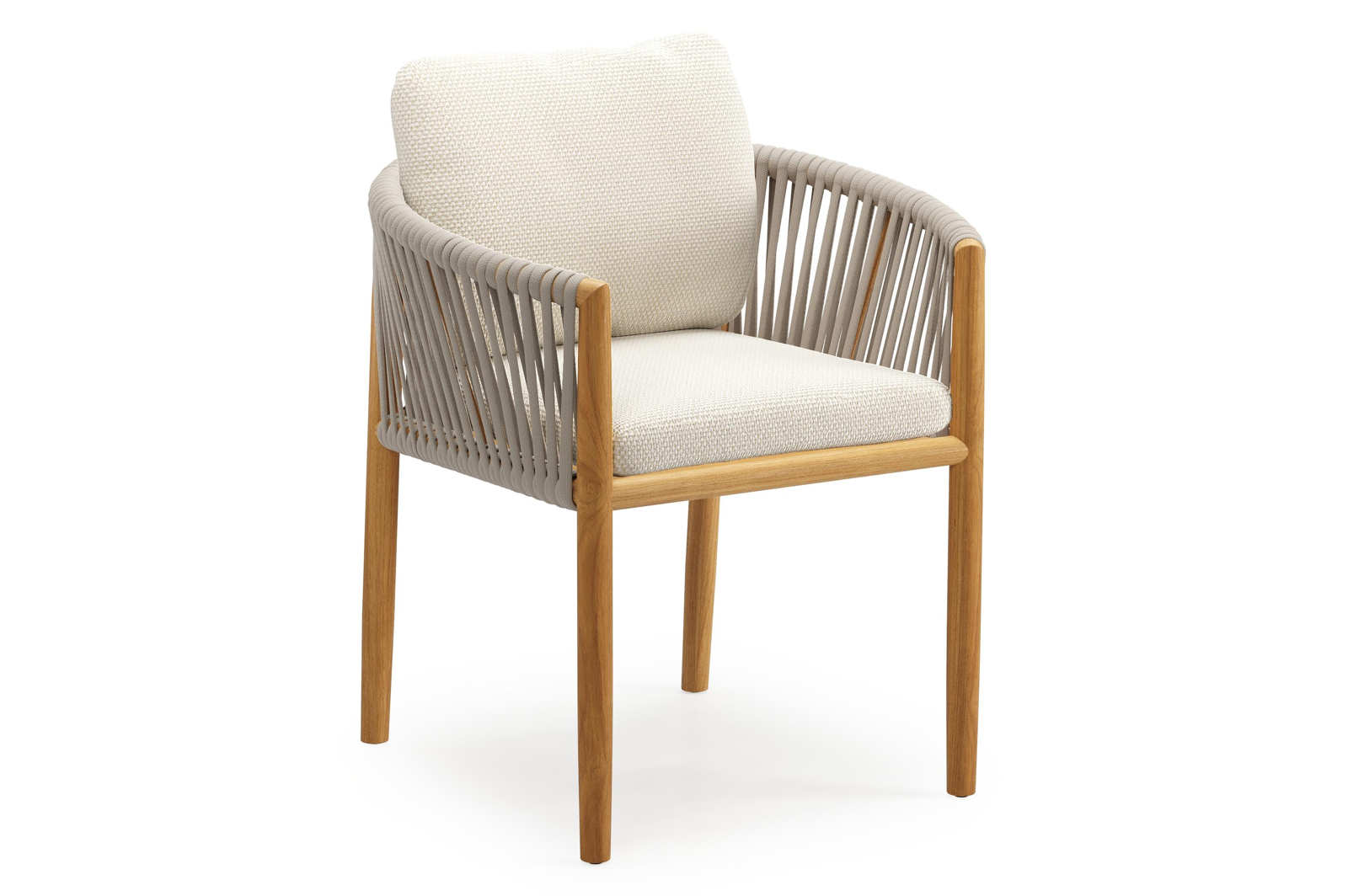 Organo tuinstoel in teak en beige verticaal geweven luxe vlakke rope met zitkussen in All Weather Cosytica Althea Off White