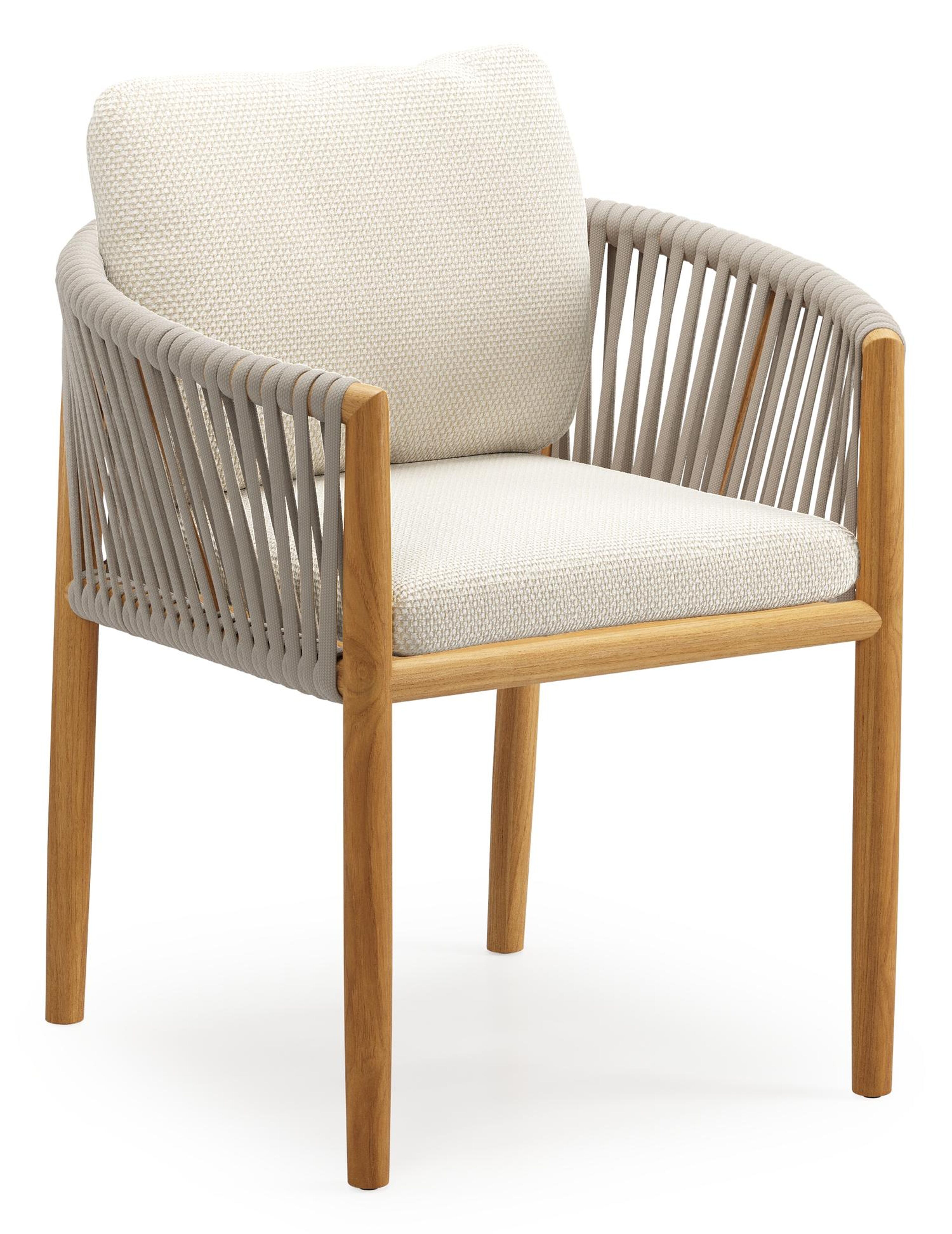 Organo tuinstoel in teak en beige verticaal geweven luxe vlakke rope met zitkussen in All Weather Cosytica Althea Off White