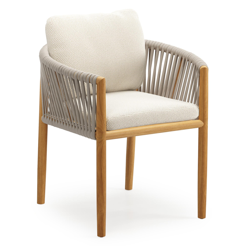 Organo tuinstoel in teak en beige verticaal geweven luxe vlakke rope met zitkussen in All Weather Cosytica Althea Off White