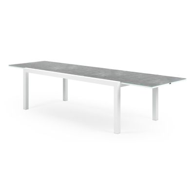 Calobra tuinset met verlengbare tafel in wit aluminium en grijs glas tafelblad met 10 stapelbare Madura tuinstoelen