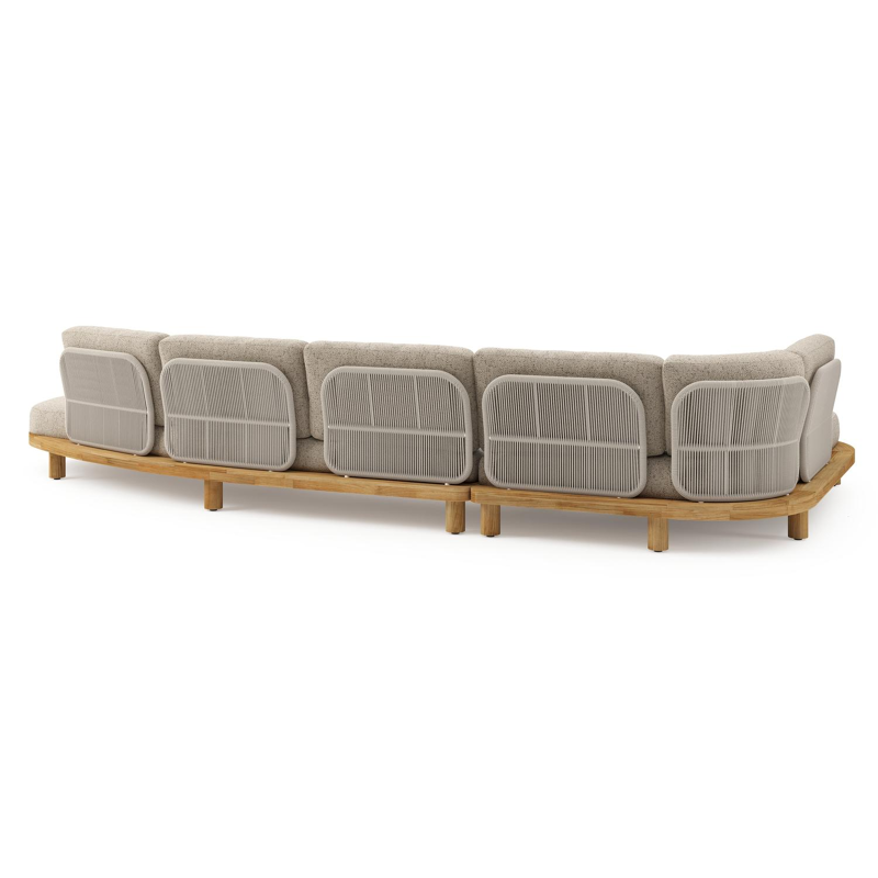 Salon de jardin d'angle Donato en teck et corde ronde tissée verticalement beige et coussins en all weather cosytica Bora Jungle