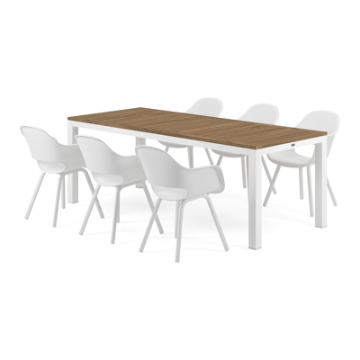 Varese tuinset in wit aluminium en naturel teak tafelblad met 6 Artena tuinstoelen