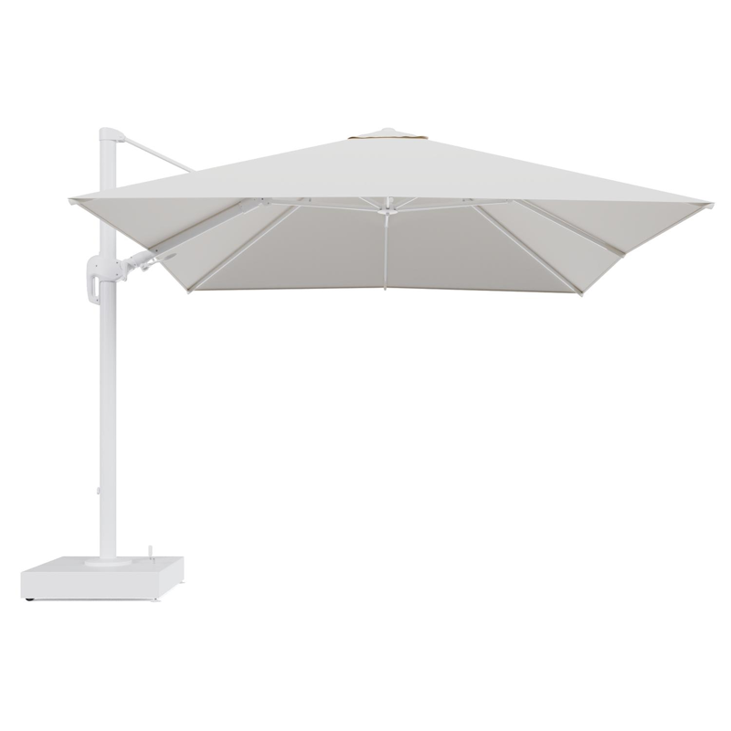 Rufina zweefparasol met tiltfunctie in wit aluminium en Savane White All Weather Sunbrella® Luxe parasoldoek - L1 300 x L2 300 cm met parasolvoet Minore 150 kg met wielen