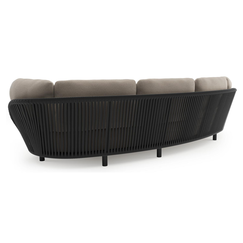 Lupino loungeset in zwart aluminium en zwart verticaal geweven luxe vlakke brede rope met savane coconut all weather sunbrella® luxe kussen