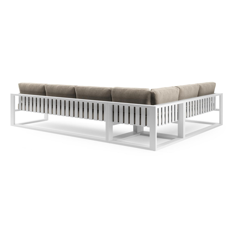 Verato loungehoek in wit aluminium met chartres pewter all weather sunbrella® luxe kussen