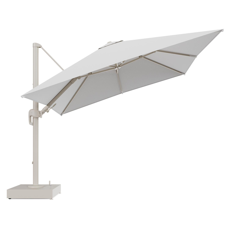 Rufina zweefparasol met tiltfunctie in beige aluminium en Ego Birch All Weather Solica parasoldoek - L1 300 x L2 300 cm met parasolvoet Minore 150 kg met wielen
