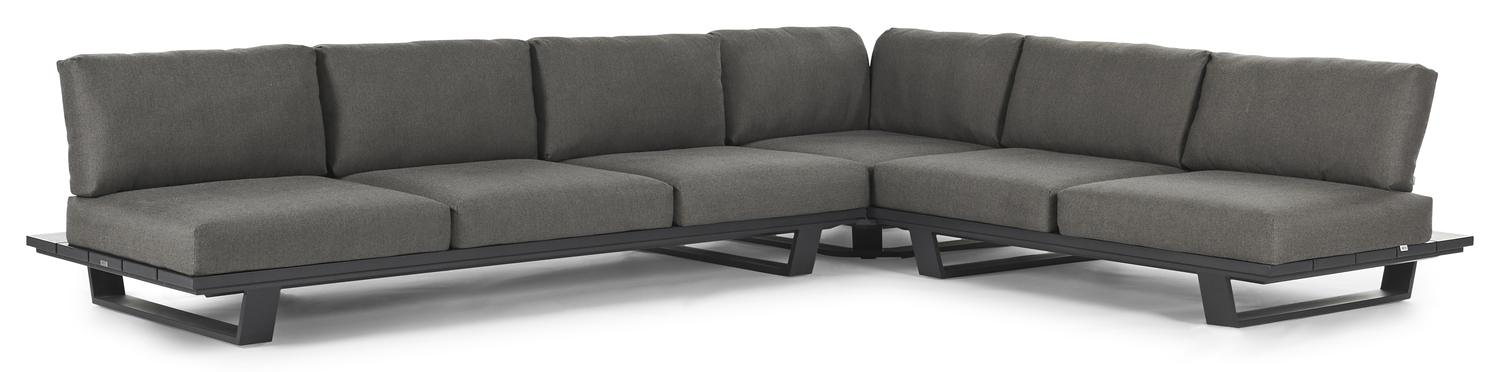 Pagino loungehoek in zwart aluminium met natte dark taupe all weather sunbrella® luxe kussens