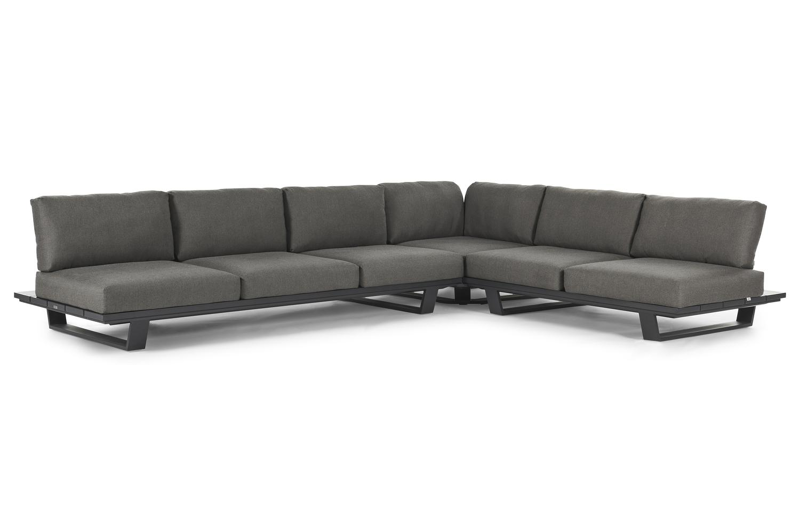 Pagino loungehoek in zwart aluminium met natte dark taupe all weather sunbrella® luxe kussens