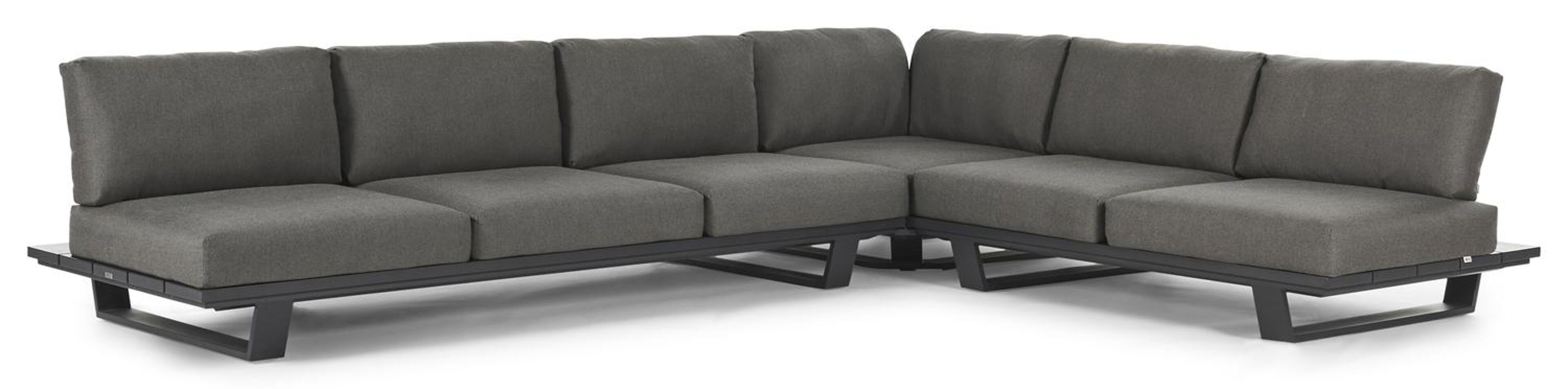 Pagino loungehoek in zwart aluminium met natte dark taupe all weather sunbrella® luxe kussens